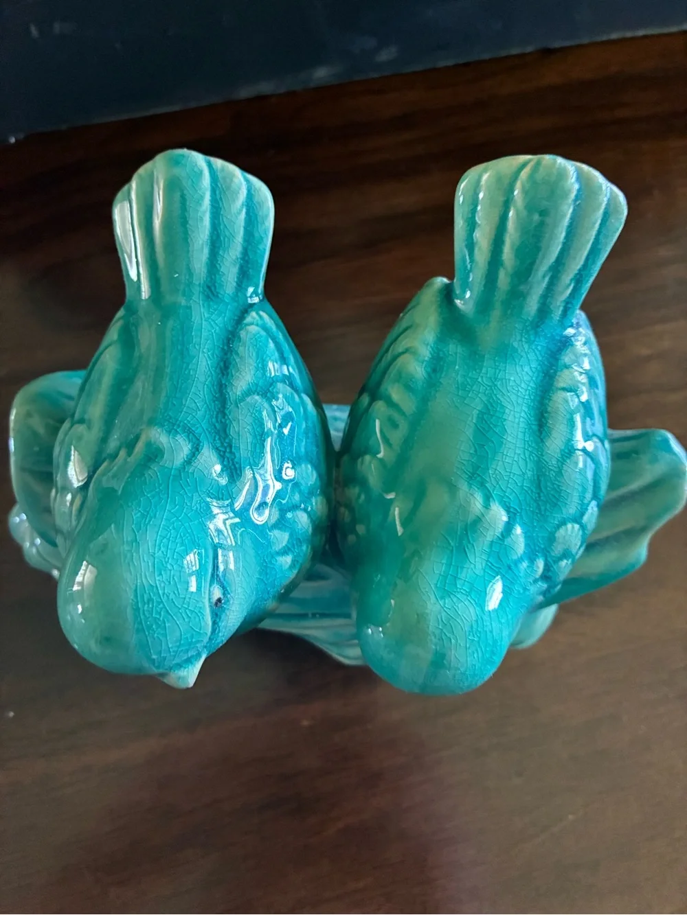 Turquoise Ceramic Bird Figurine Pair on Branch - Home Art euc 9” long x 5” high